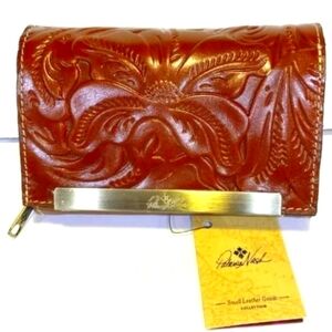 PATRICIA NASH BROWN TRI-FOLD TOOLED / EMBOSSED CAMETTI FLORENCE LEATHER WALLET